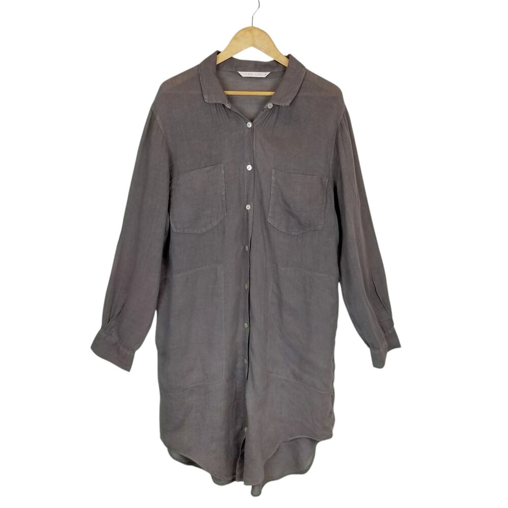 Luna Luz 100% Linen Lagenlook Button Front Shirt Dress Gray Size Medium